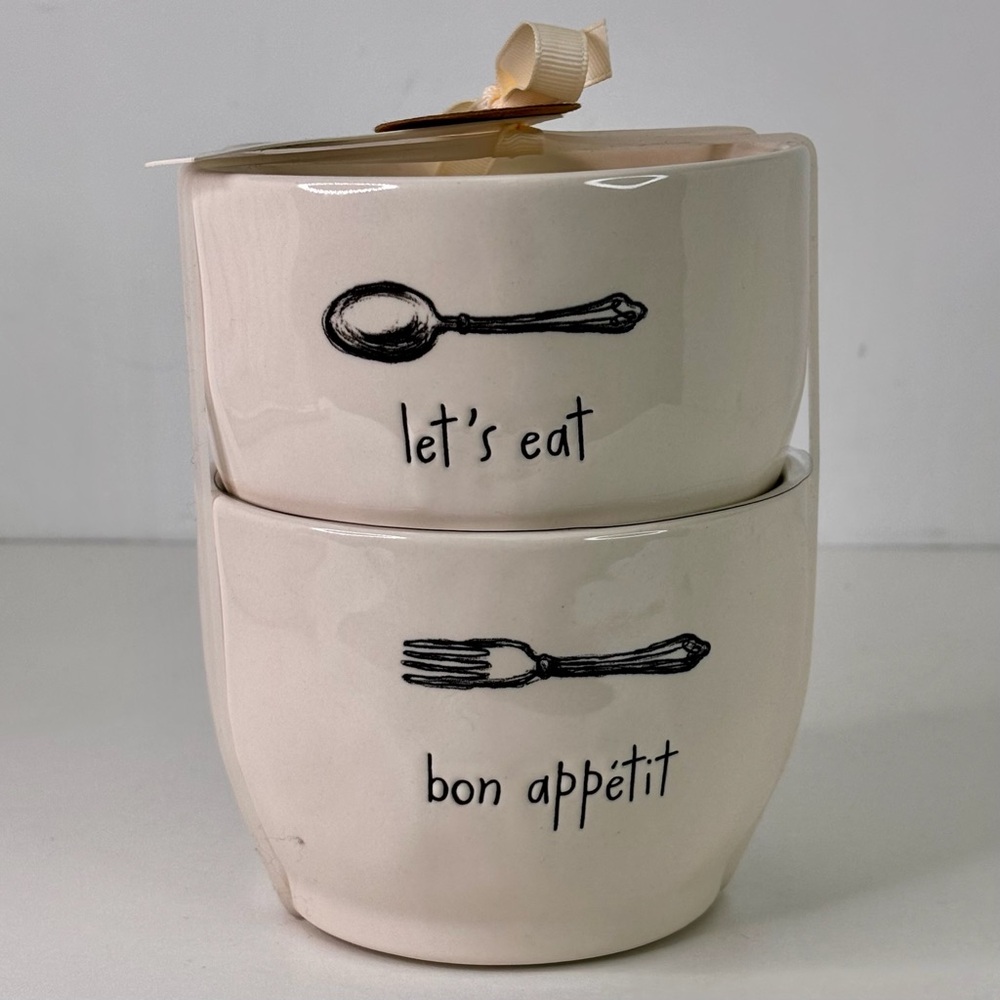 Rae Dunn "LET'S EAT" & ''Bon Appetit" Cereal / Soup Bowl 6" Ceramic - LOT of 2